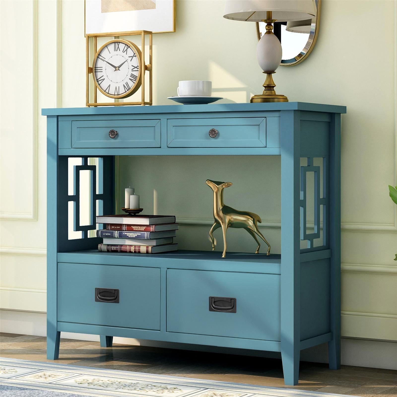 Narrow Console Table 4 Storage Drawers And Shelf, Modern Wood Buffet ... with Style and Functionality A Look at Retro Blue Console Tables