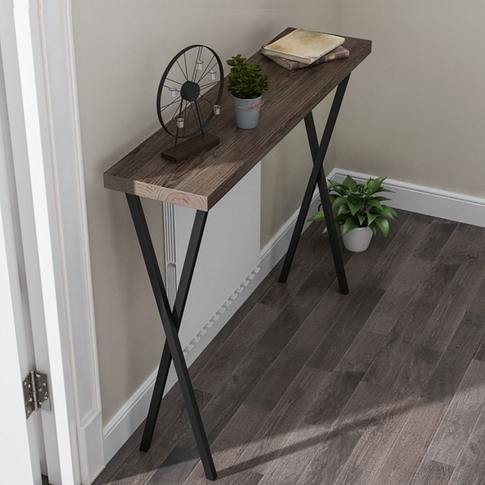 Narrow Console Table With Solid Wood Top & Black Metal Legs|Homary with Choosing the Right Pecan Finish for Your Home's Console Table Needs