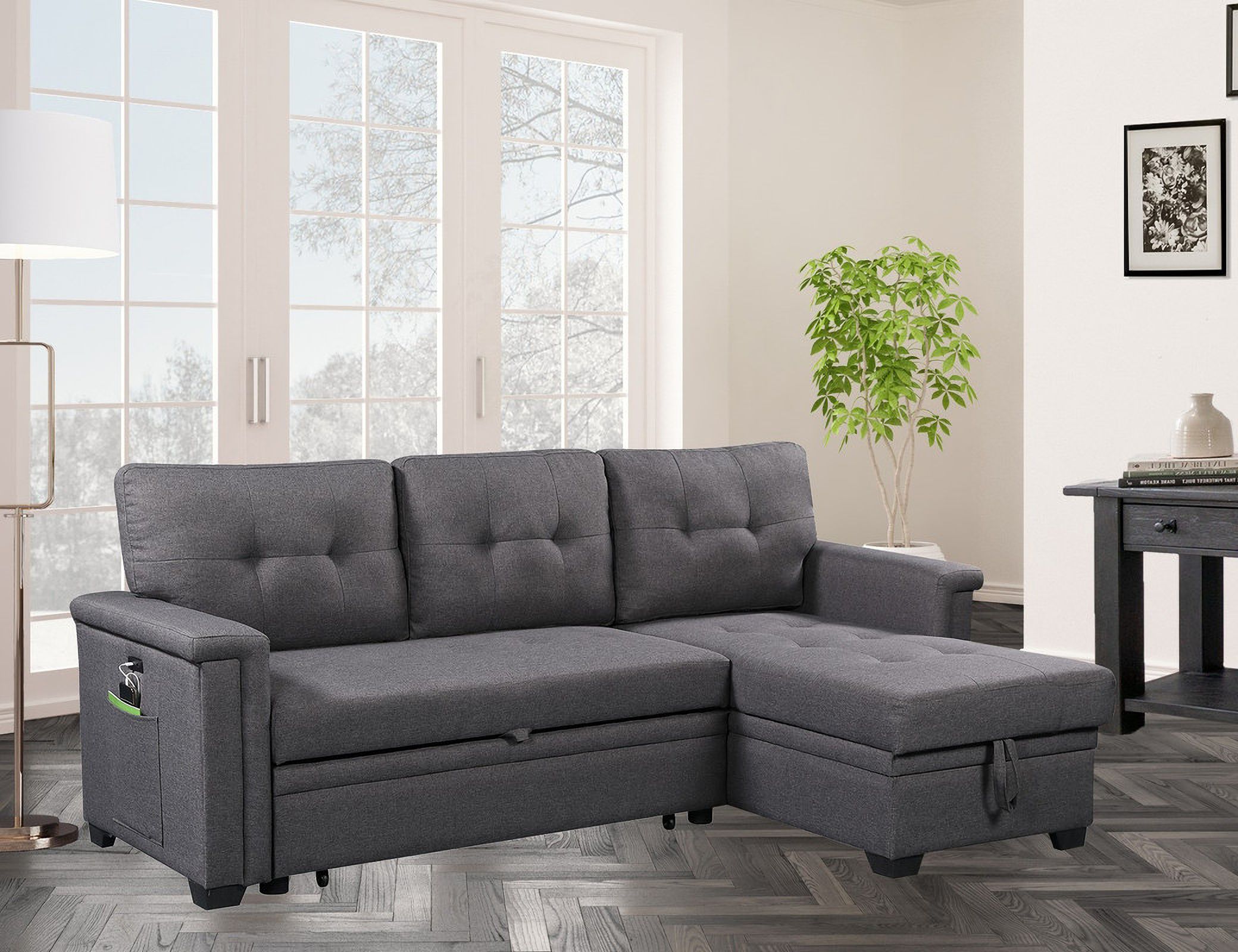 Nathan Dark Gray Reversible Sleeper Sectional Sofa With Storage Chaise ... within Nathan Dark Gray Reversible Sleeper Sectional Sofa With Storage Chaise, Usb...