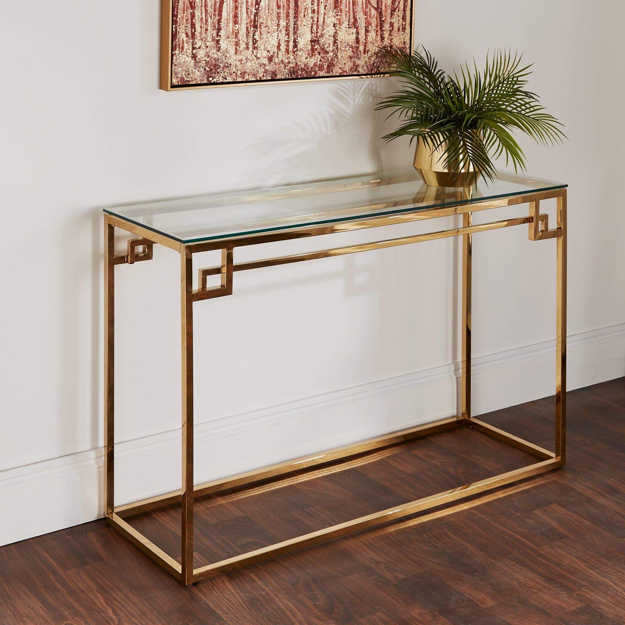 Native Home Cesar Gold Console Table With Glass Top | Gold Console ... with regard to Chrysalis 3 Tier Glass Top Console, Gold
