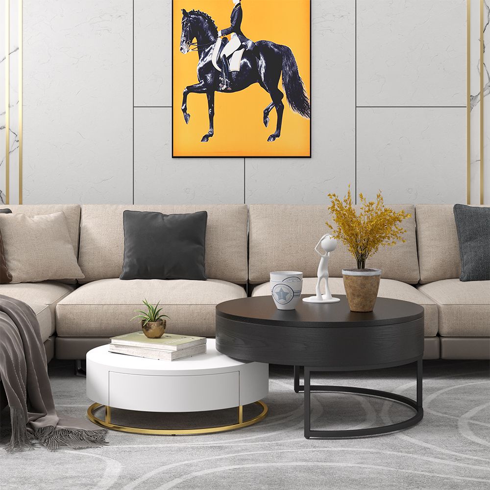 Nesnesis Modern Round Lift-Top Nesting Wood Coffee Table With Drawers White & Black - Living ... inside Nesnesis Modern Round Lift-Top Nesting Wood Coffee Table With Rotatable Drawers, White/Natural
