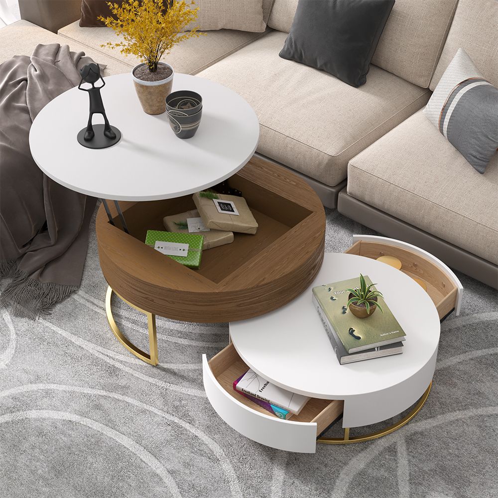 Nesnesis Round Wood Lift-Top Nesting Coffee Table With Rotatable Drawers White & Walnut - Living ... with regard to Nesnesis Modern Round Lift-Top Nesting Wood Coffee Table With Rotatable Drawers, White/Natural