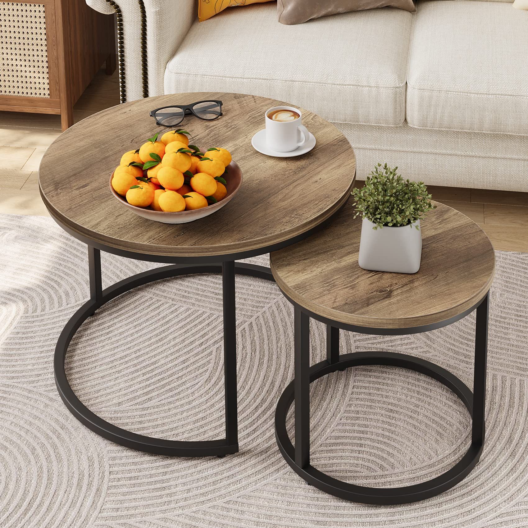 Nesting Coffee Table Set Of 2, 23.6" Round Coffee Table Wood Grain Top ... for 2-Piece Nesting Coffee Table Set With Round Wood Tops And Iron Bases, Reclaimed Oak/Gunmetal