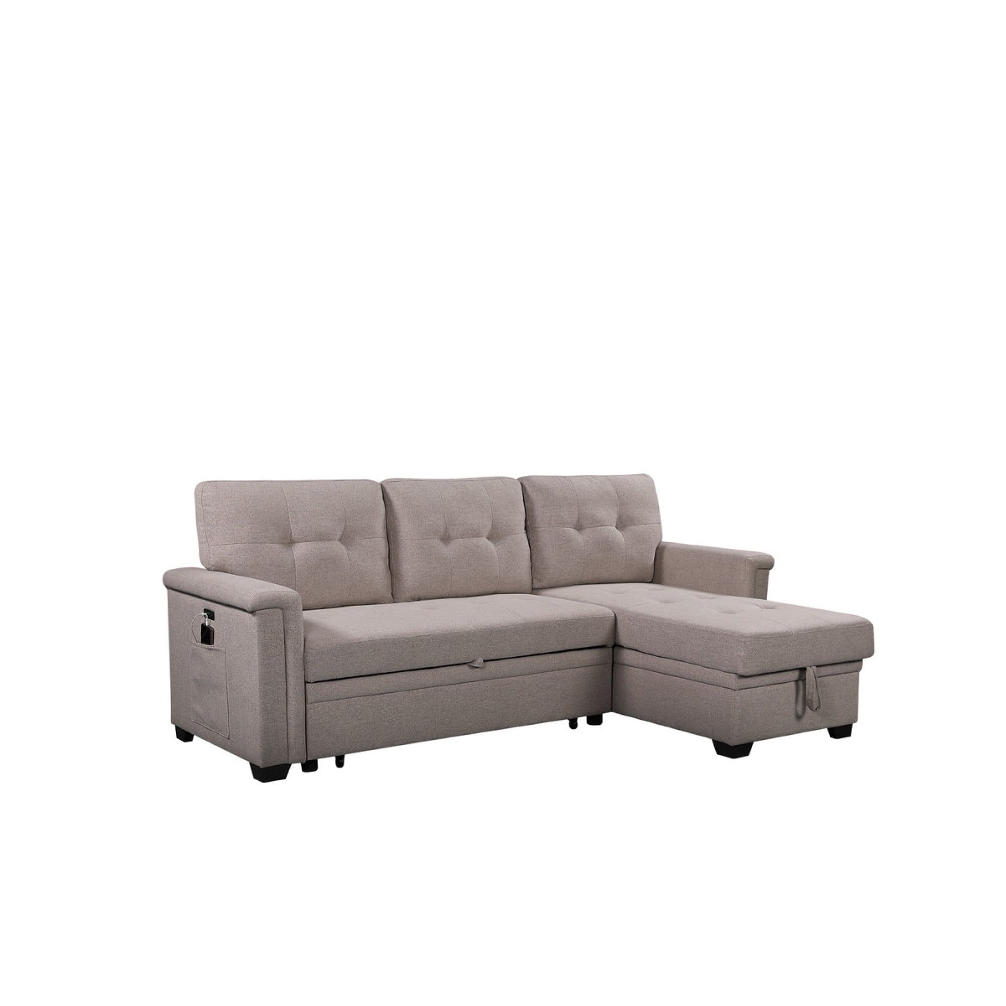 Newboti Furniture Nathan 84" Light Gray Reversible Sleeper Sectional ... inside William Modern Gray Fabric Sleeper Sofa With 2 Usb Charging Ports And 4...