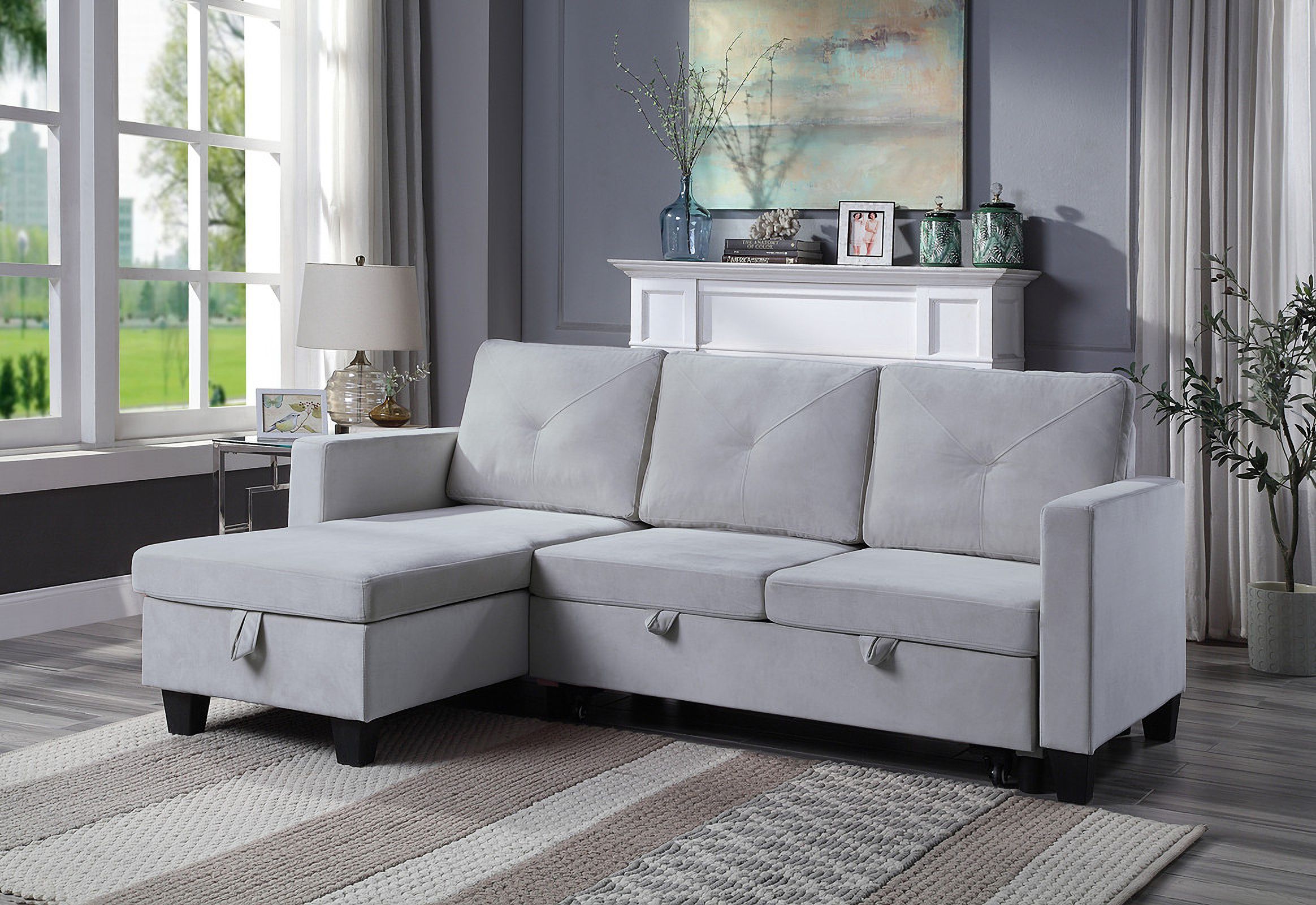 Nova Light Gray Velvet Reversible Sleeper Sectional Sofa With Storage ... regarding Understanding the versatility of reversible sleeper sectional designs