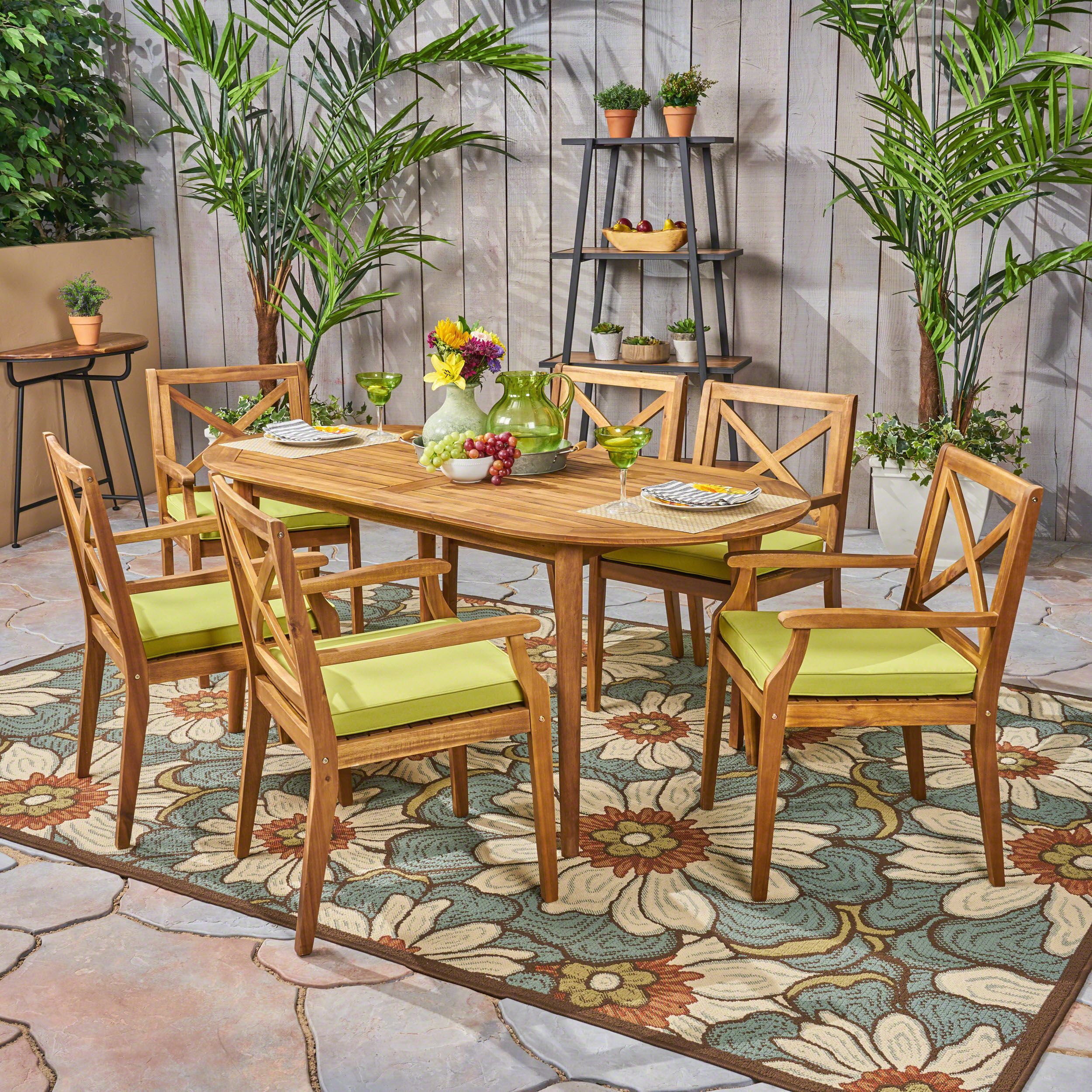 Oakley Outdoor 7 Piece Acacia Wood Dining Set With Cushions, Teak ... in Desoto 7-Piece Teak Finish Acacia Wood Patio Dining Set