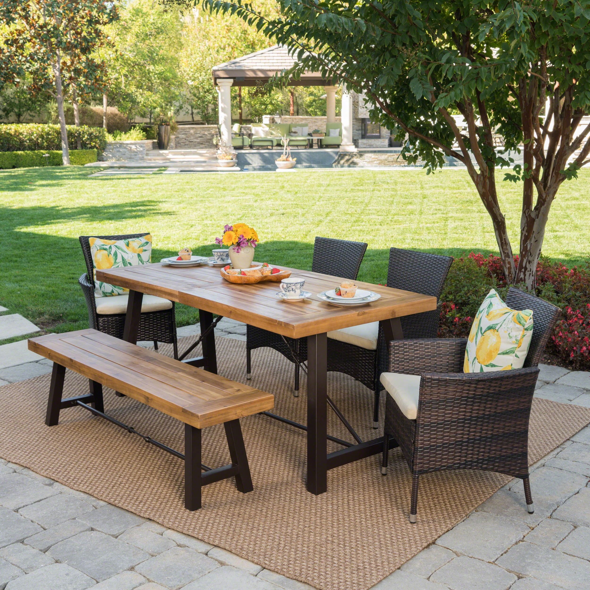 Olivia Outdoor 6-Piece Acacia Wood Dining Set With Wicker Dining Chairs ... regarding Desoto 7-Piece Teak Finish Acacia Wood Patio Dining Set