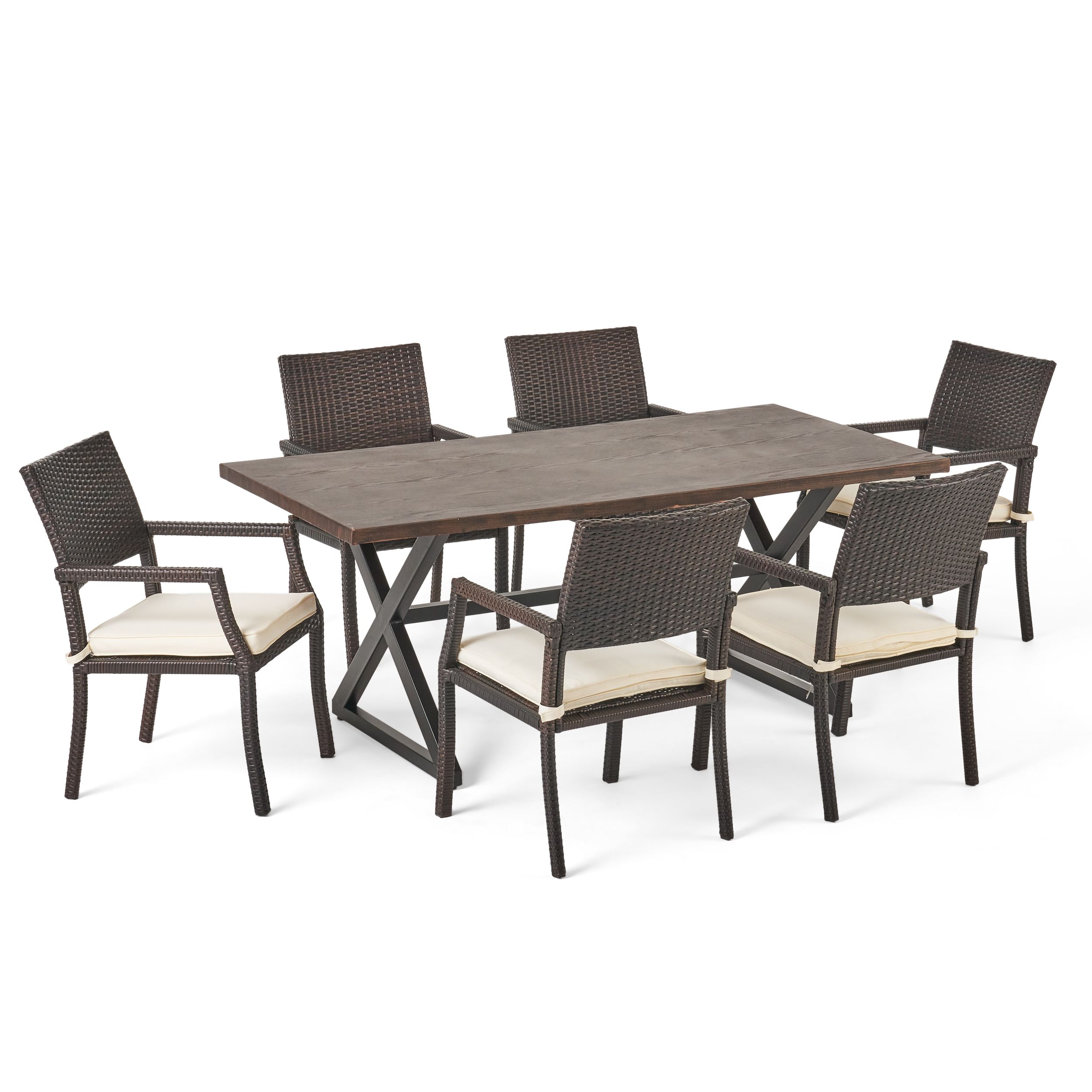 Outdoor 7 Piece Aluminum Dining Set With Wicker Dining Chairs And ... inside Understanding the benefits of expandable outdoor dining furniture for families