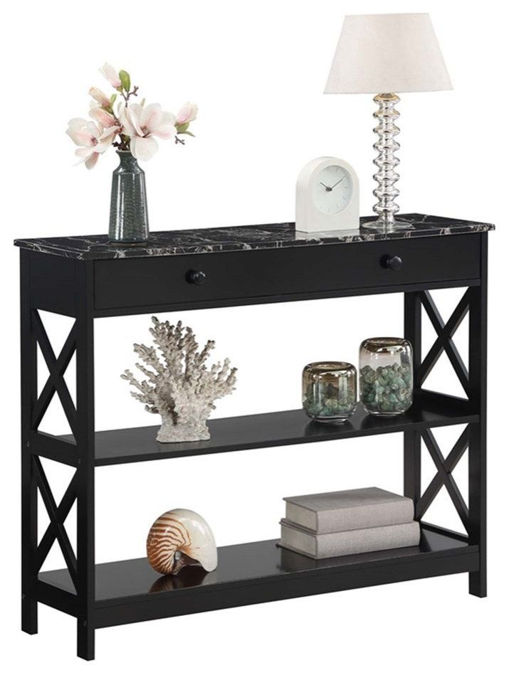 Oxford One-Drawer Console Table With Shelves In Black Wood And Faux ... intended for Oxford One-Drawer Console Table With Shelves In Black Wood And Faux Marble Top
