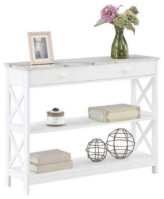 Oxford One-Drawer Console Table With Shelves In White Wood With Faux ... with regard to Oxford One-Drawer Console Table With Shelves In Black Wood And Faux Marble Top