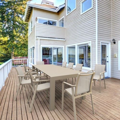 Pacific 11 Piece Dining Set With Extension Table And Sling Arm Chairs Taupe Isp0232S-Dvr-Dvr ... with From Backyard to Oasis The Pacific 11-Piece Dining Set Transformation