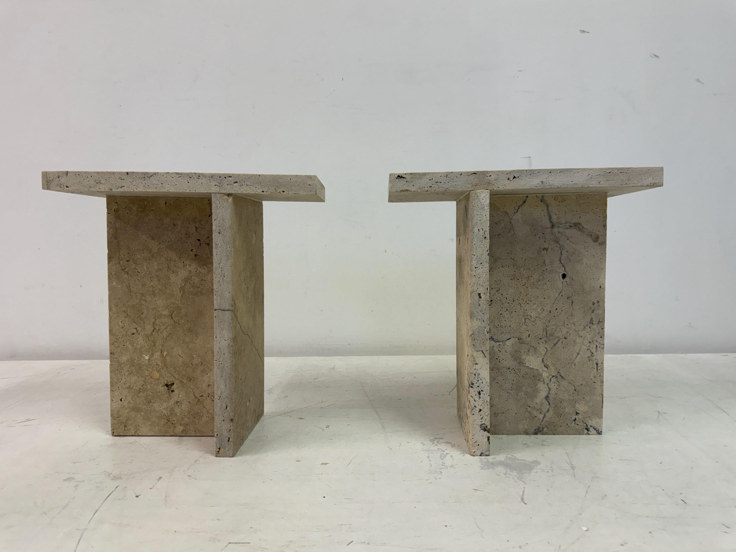 Pair Of Travertine Side Tables For Sale At 1Stdibs with regard to Studio London 2-Piece Modern Faux Stone Side Table Set, Travertine & Onyx Finish