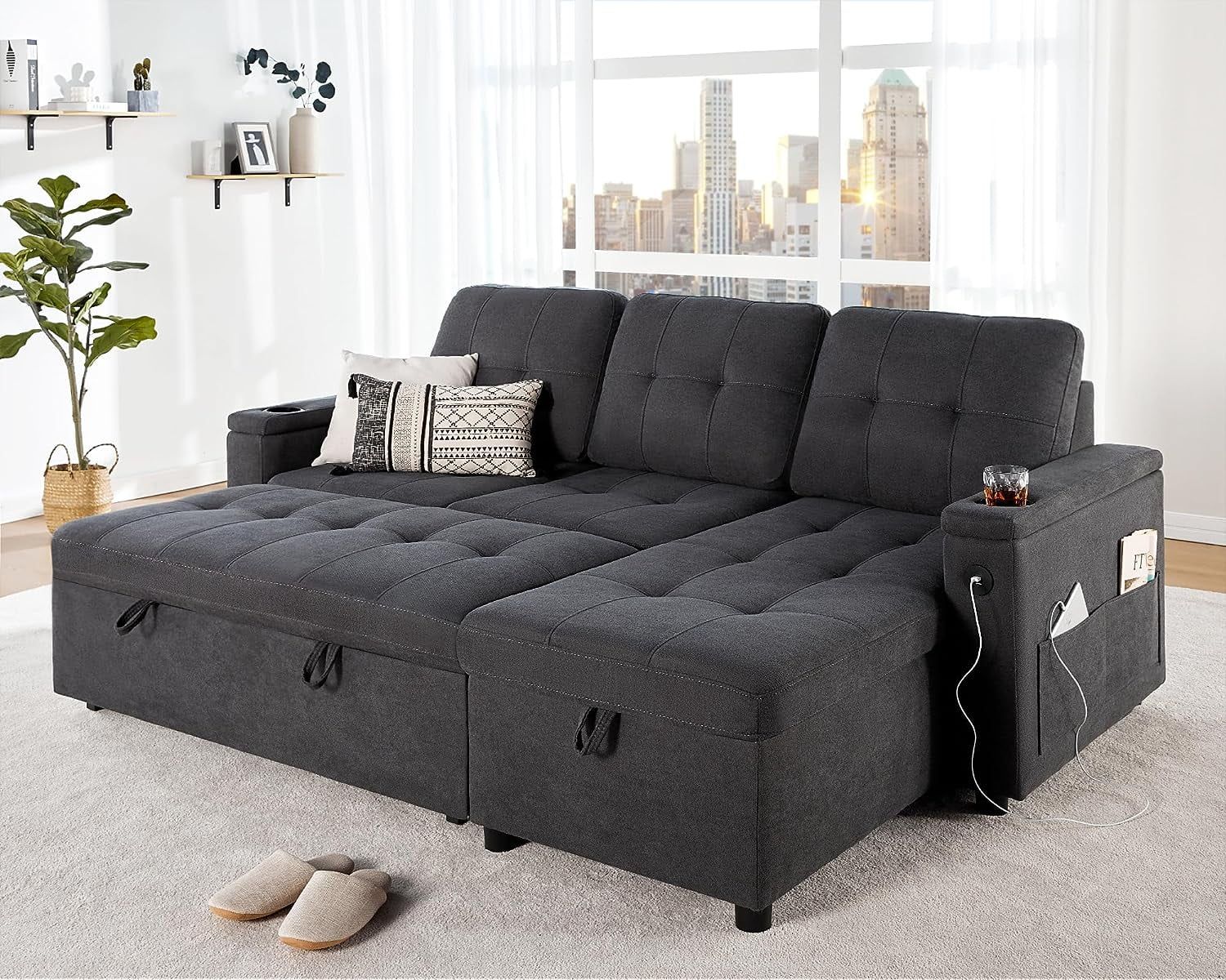 Papajet Convertible Sofa Bed, Dark Gray With Charging Ports, Cup Holders &amp; Storage - Walmart.com inside Beyond the Couch Exploring the Comfort and Convenience of Padded Gray Sofa Beds