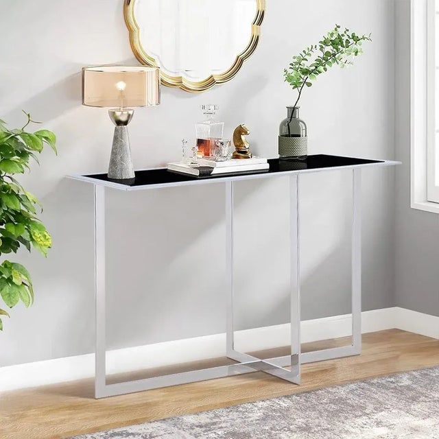 Pasargad Home Luxe Glass &amp; Stainless Steel Console Table, Black | Chairish with The art of minimalist sophistication in modern living spaces