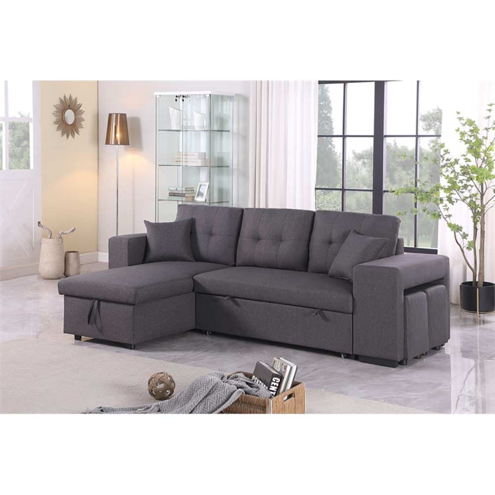 Pemberly Row 95" Wide Reversible Fabric Sofa Bed & Chaise & Ottoman ... in Pemberly Row Reversible Fabric Sleeper Sofa Bed & Chaise With Cup Holder-Beige