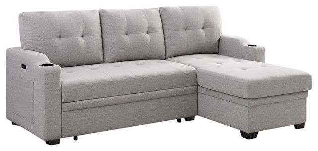 Pemberly Row Fabric Sleeper Sectional With Cupholder Usb Port Pocket ... regarding Pemberly Row Gray Woven Fabric Sleeper Sectional With Cupholder Usb Port Pocket