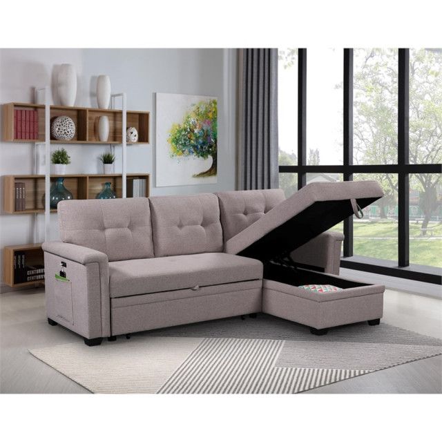 Pemberly Row Gray Fabric Reversible Sleeper Sofa Usb Charger Storage ... pertaining to Discovering Hidden Features in the Pemberly Row Gray Fabric Sleeper Sofa