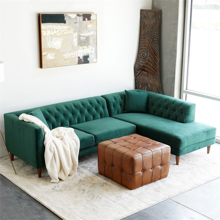 Pemberly Row Mid Century Modern Green Microfiber Sectional Sofa Right Facing for Pemberly Row Modern 88&amp;quot; Microfiber Buckskin Sleeper Sofa In Brown