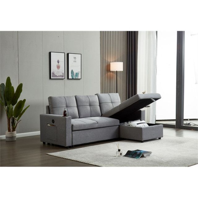 Pemberly Row Reversible Fabric Sleeper Sectional With Usb In Gray ... in How to choose the right sectional with practical features