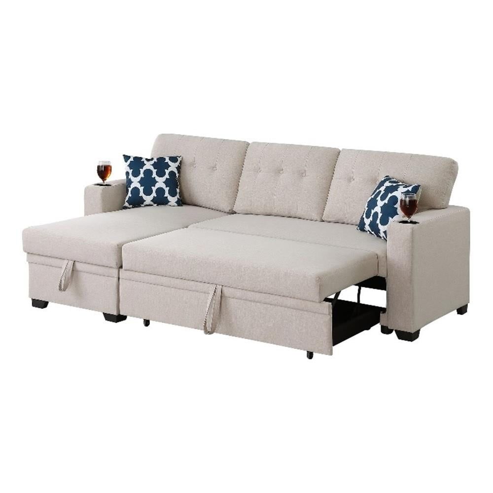 Pemberly Row Reversible Fabric Sleeper Sofa Bed &amp; Chaise With Cup ... throughout Pemberly Row Reversible Fabric Sleeper Sofa Bed &amp; Chaise With Cup Holder-Beige