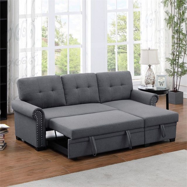 Pemberly Row Reversible Fabric Sleeper Sofa With Storage Chaise In Dark ... within Pemberly Row Contemporary Fabric Reversible Sleeper Sectional Sofa In Light Gray