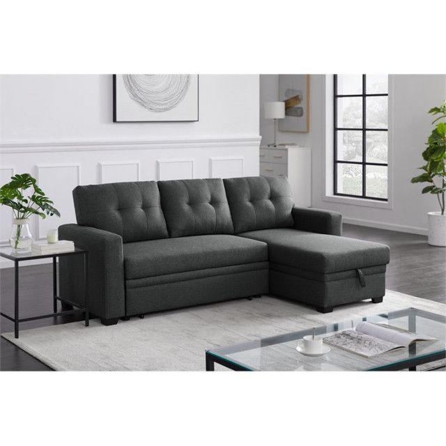 Pemberly Row Transitional Fabric Reversible Sleeper Sectional Sofa In ... in Pemberly Row Contemporary Fabric Reversible Sleeper Sectional Sofa In Light Gray