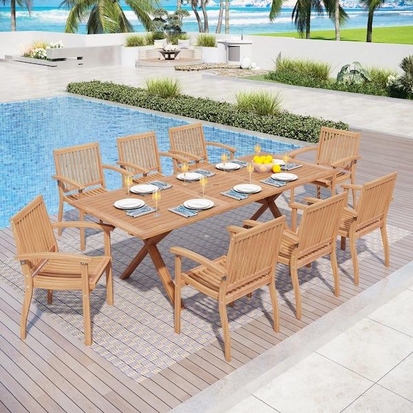 Phi Villa Brown 9-Piece Outdoor Dining Set With Acacia Wood Extendable ... regarding Estelle Outdoor 8 Seater Expandable Acacia Wood Dining Set