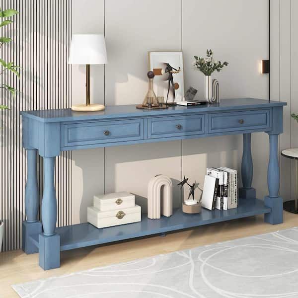 Polibi 63 In. Navy Rectangle Wood Console Table With Drawers And Shelf ... regarding Understanding the Features of the Gewnee Navy Console Table