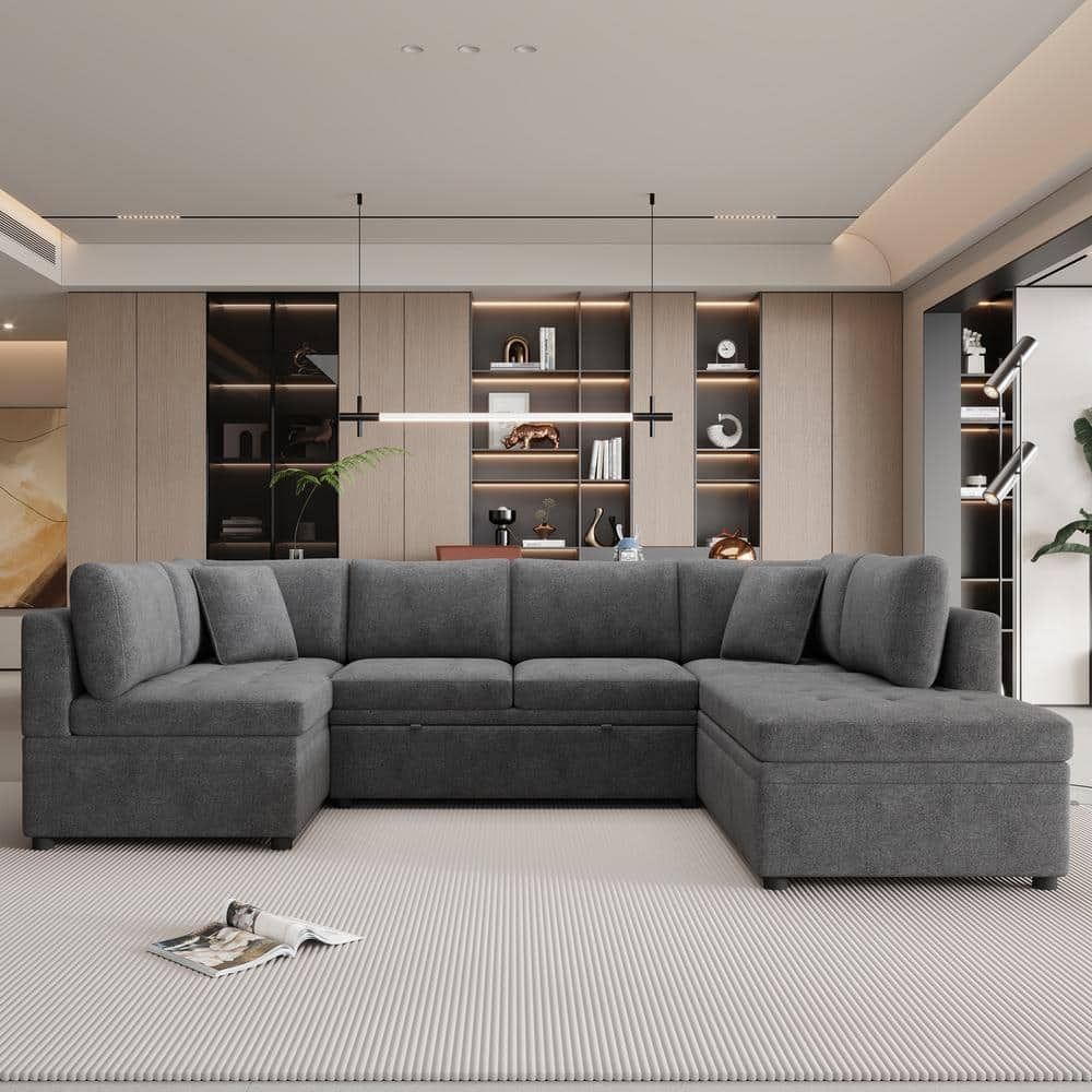 Qualler 117.3 In. Straight Arm 1-Piece Chenille Fabric U-Shaped ... within Comfortable Sofa Bed With Chenille Upholstery &amp;amp; Quick Pull-Out Design, Gray