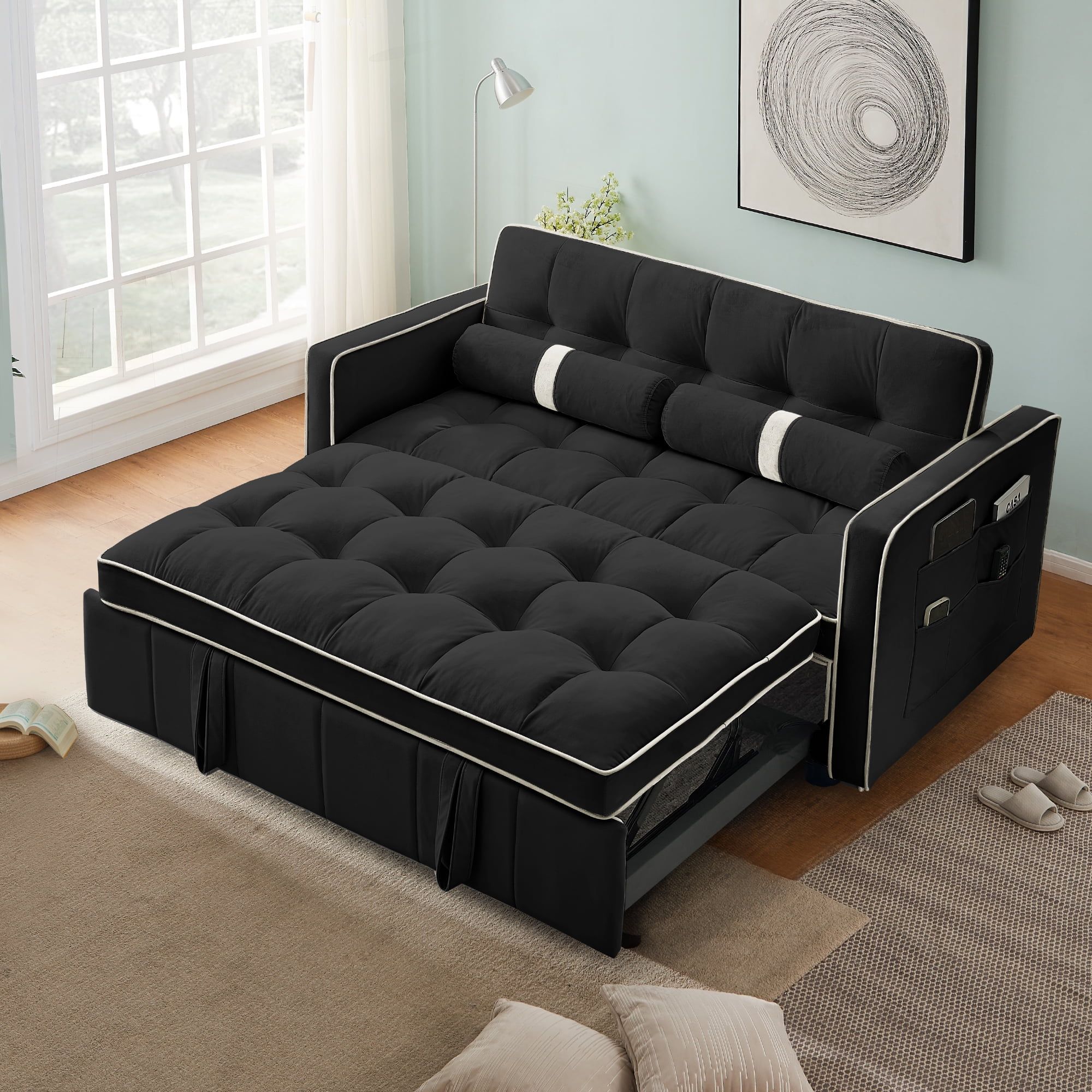 &Quot;Muumblus 55.5&Quot;&Quot; 2 Seater Pull Out Sofa Bed, Convertible Futon, Adjustable Backrest, Modern ... with Convertible Sofa Bed With Plush Teddy Upholstery And Pull-Out Design, Black/White