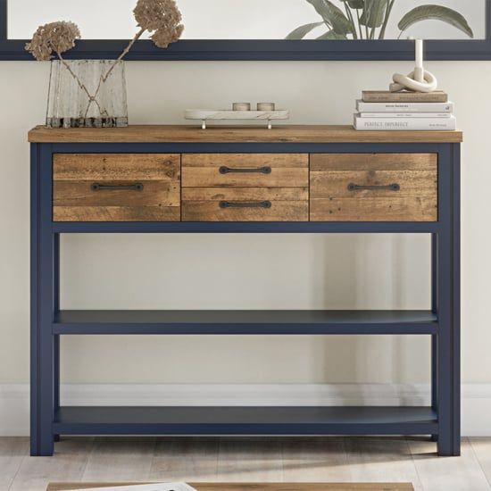 Relics Console Table In Multicolour With Stainless Steel Frame ... inside Vintage Console Table With 4 Storage Drawers And Solid Wood Frame, Retro Blue