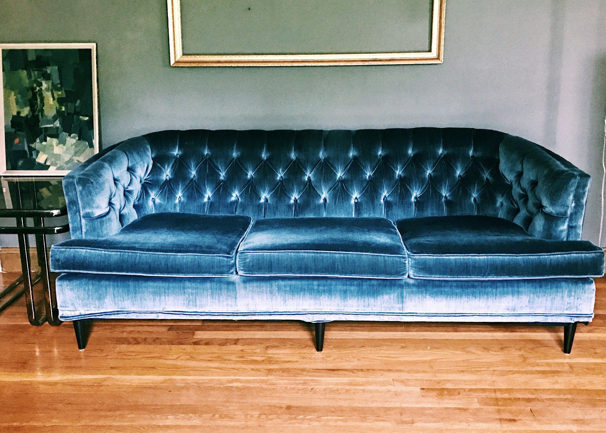 Reserved // Vintage Gray-Blue Velvet Tufted Curved Couch By Tresorcru ... throughout The Mid-Century Charm of a Tufted Grey Velvet Sofa Bed Explained