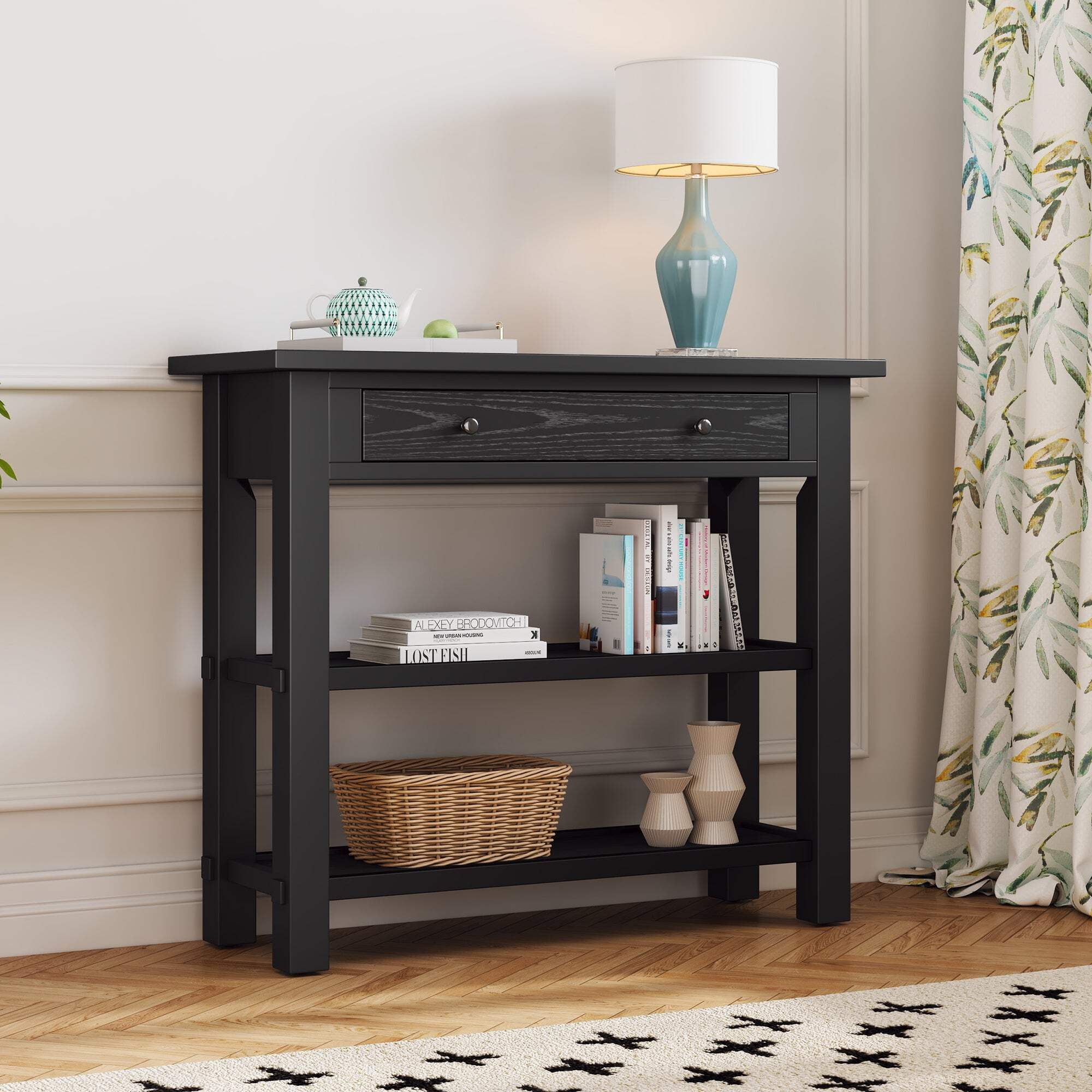 Retro Console Table With Drawer And Two Sturdy Shelves For Entryway ... for Sturdy Firwood Console Table, Black