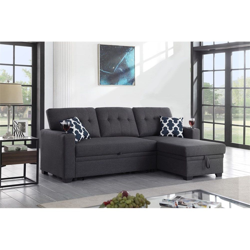 Reversible Fabric Sleeper Sofa Bed & Chaise With Cup Holder-Dark Gray ... inside Designing comfortable sleep solutions for small spaces
