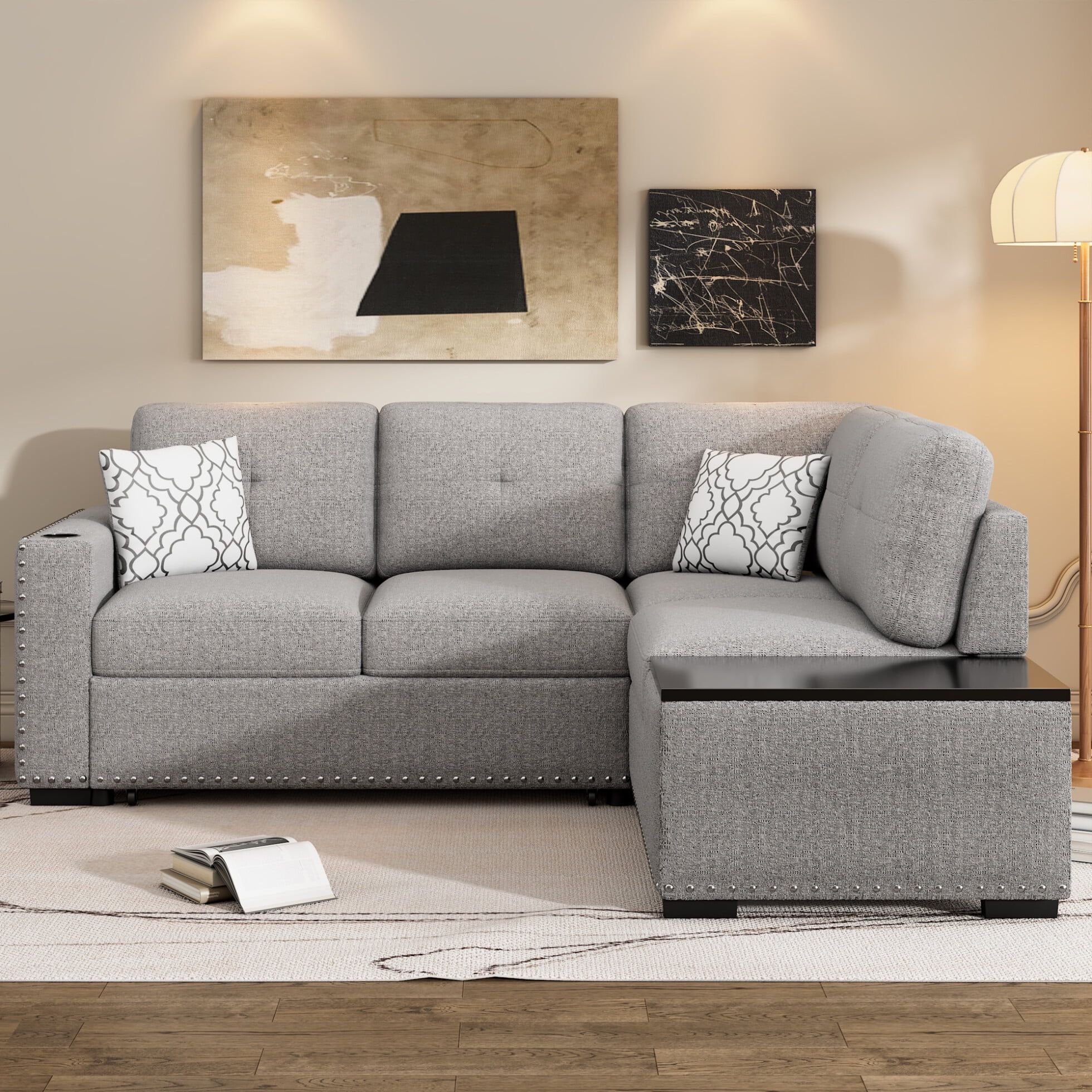 Reversible Sectional Pull-Out Sofa Bed, Chenille L-Shaped Corner Sofa ... regarding Kipling Ii 94"W Chenille Sleeper Sectional Storage Cupholder Usb, Brown