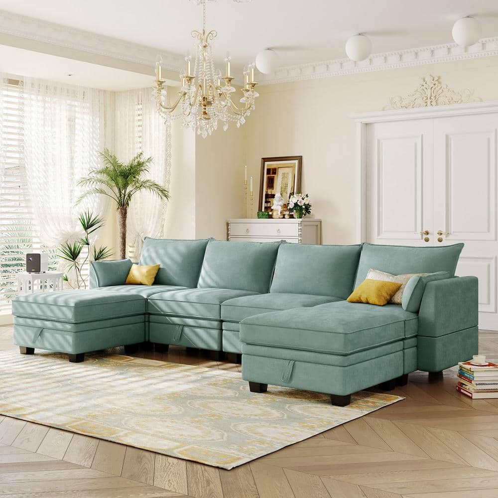 Reviews For Harper & Bright Designs 115 In. W Flared Arm 6-Piece Linen ... pertaining to A Deep Dive into the Comfort and Style of the Gewnee Light Green Sofa