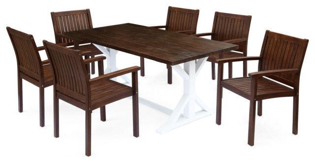 Riviera Outdoor Rustic Farmhouse Acacia Wood 7 Piece Dining Set - Transitional - Outdoor Dining ... throughout Why the Riviera 7 Piece Acacia Set is Perfect for Outdoor Gatherings
