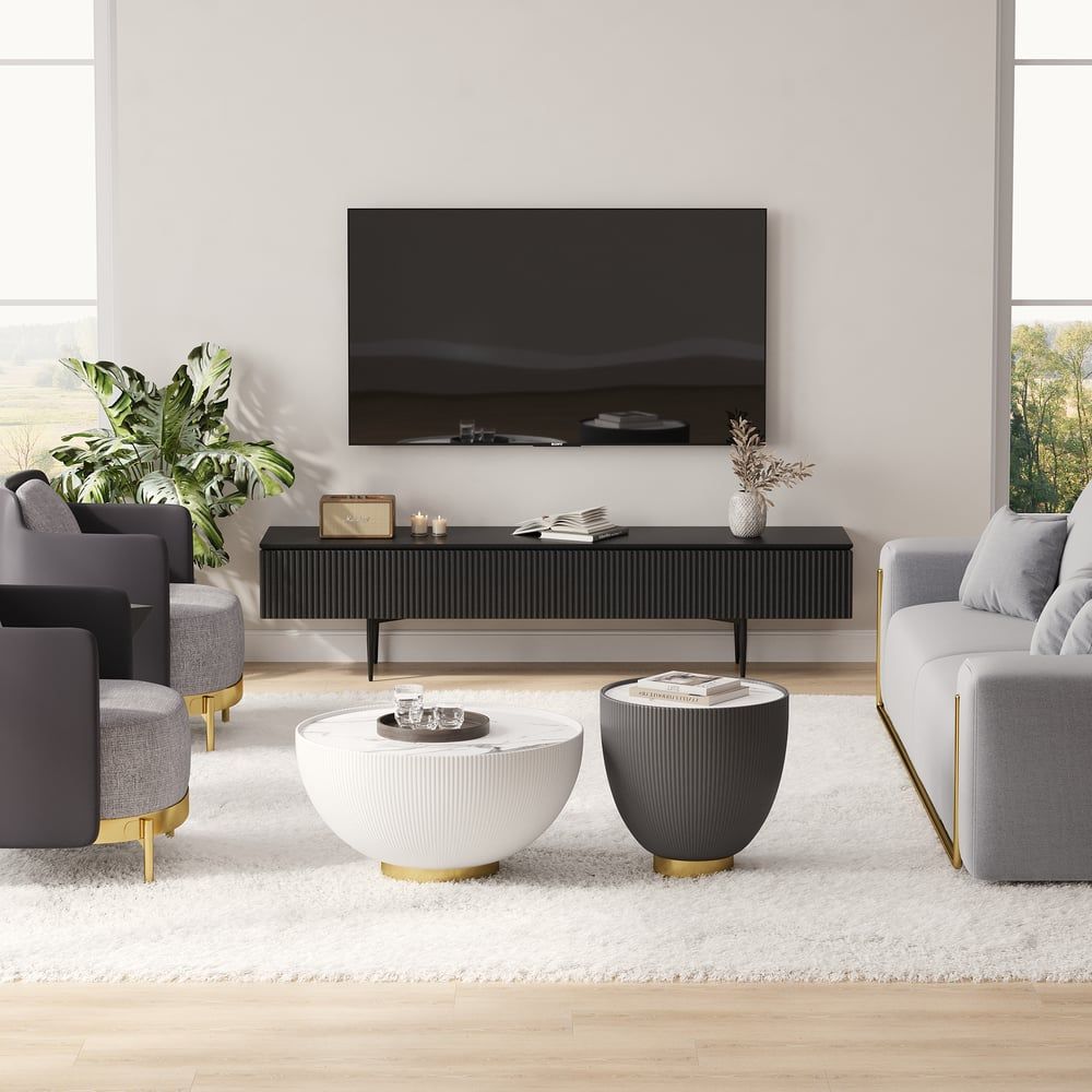Round 2-Piece Nesting Set Sintered Stone Top Beige And Gray Drum Coffee ... within Modern Drum Sintered Stone Round Pu-Leather Coffee Table Set, Beige/Gray