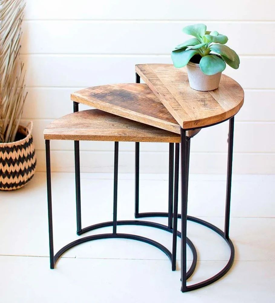 Round Nesting Table In Iron With Wooden Top And Black Powder Coated ... in A Deep Dive into the Craftsmanship of East at Main Nesting Tables