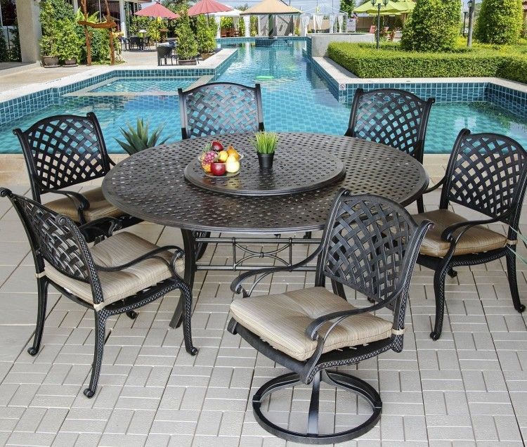 Round Patio Dining Table With Lazy Susan - Patio Ideas within 7-Piece Eucalyptus Round Lazy Susan Dining Set With 6 Stacking Wicker Armchairs