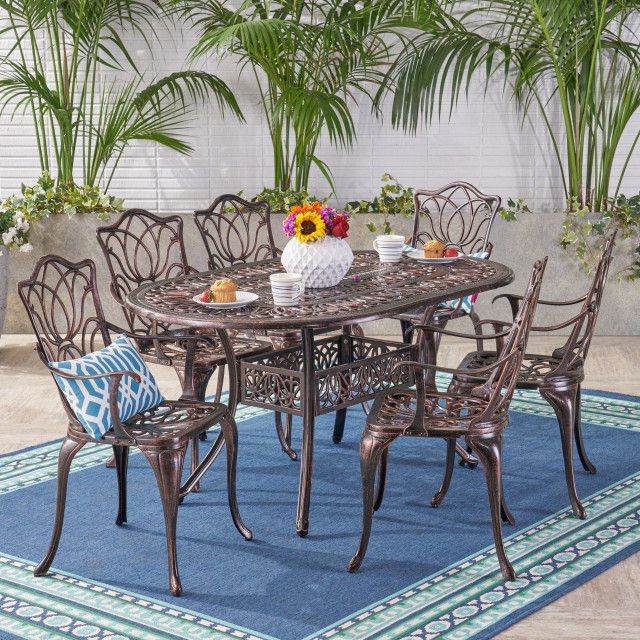 Rousselin Outdoor Aluminum 7 Piece Dining Set, Copper - Traditional ... in The Ultimate Guide to Maintaining Your Rousselin Outdoor Aluminum Dining Set