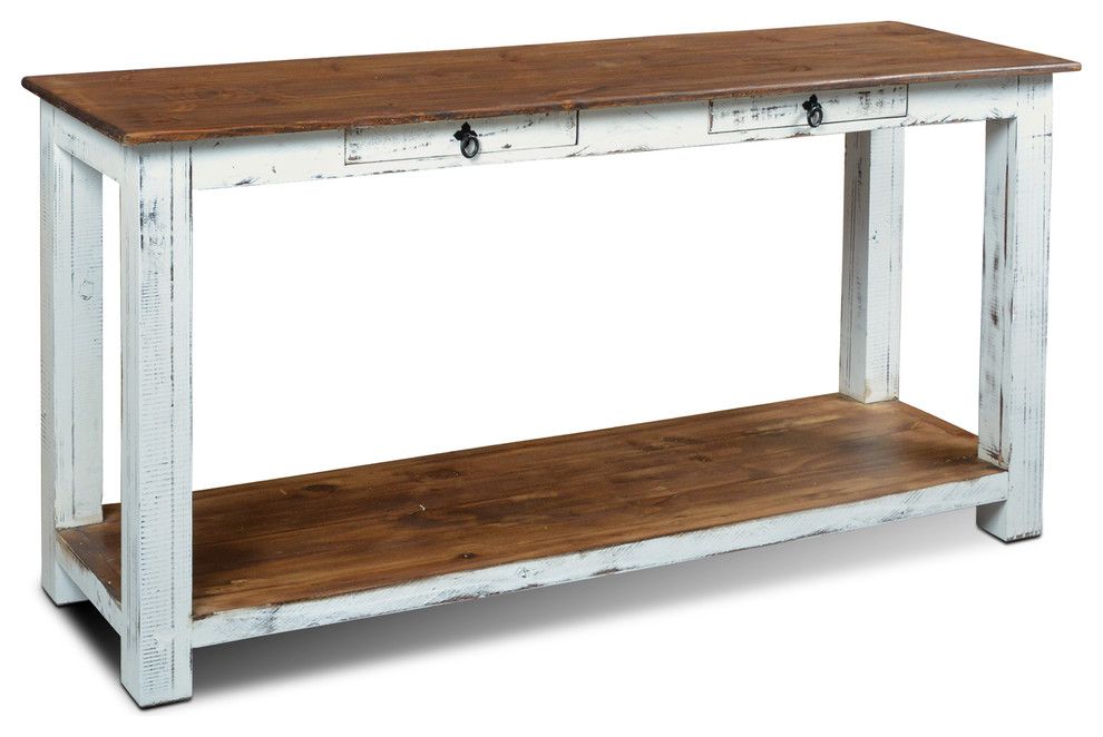 Rustic Solid Wood Distressed White 2-Drawer Sofa Table/Console - French ... intended for Rustic Solid Wood Distressed White 2-Drawer Sofa Table/Console