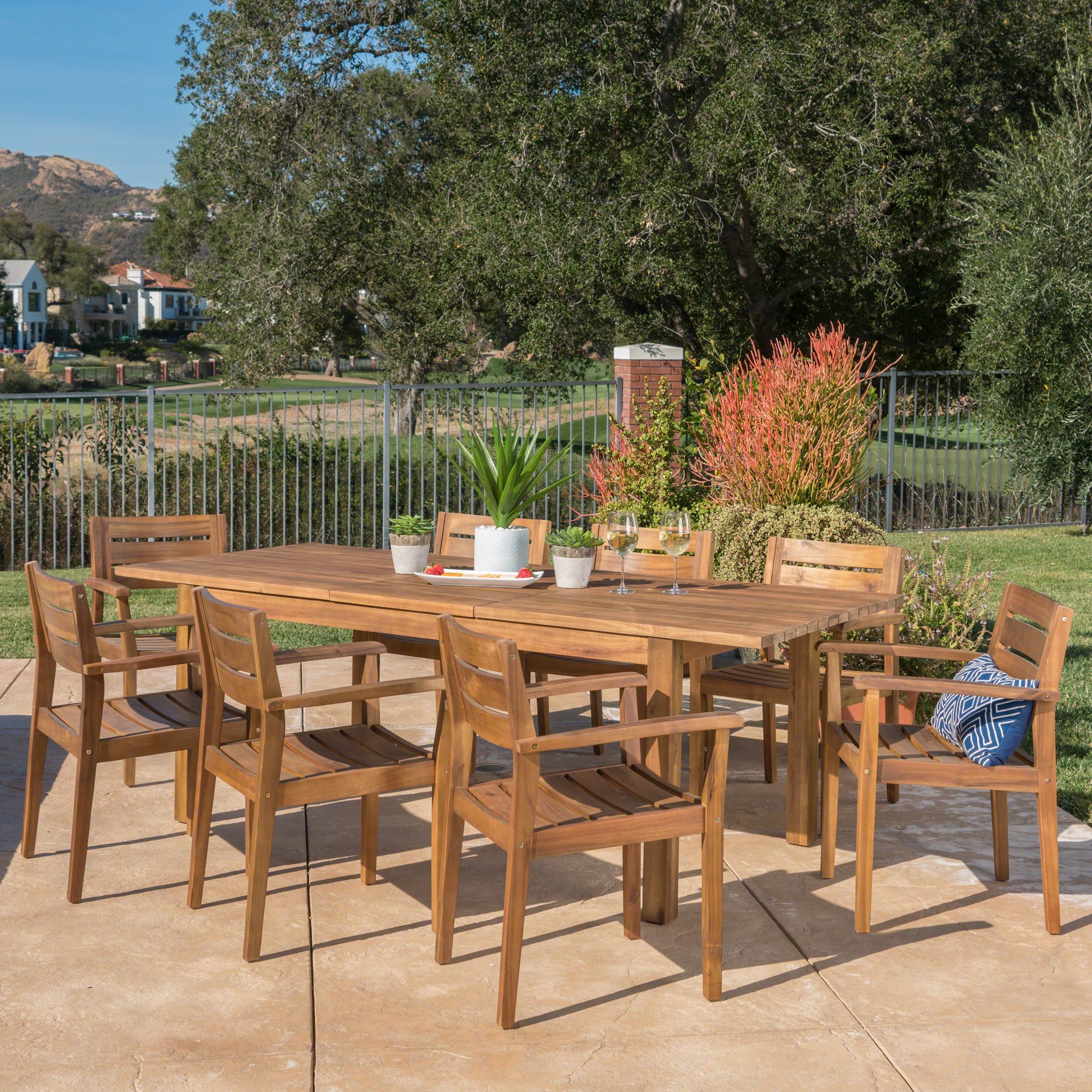 Sakura Outdoor 9 Piece Acacia Wood Dining Set With Expandable Dining T ... inside Gdf Studio 9-Piece Sakura Outdoor Wood Dining Set With Expandable Dining Table
