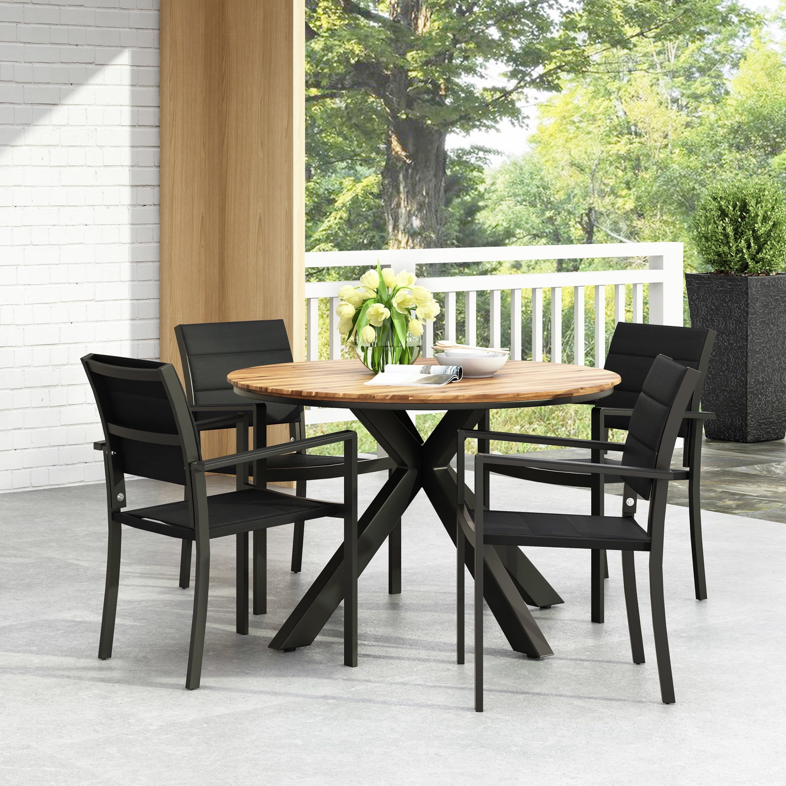 Satterlee Mesh And Acacia Outdoor Wood 5 Piece Dining Set, Black And ... within Chazz Outdoor 5 Piece Acacia Wood Dining, Teak And Dark Gray