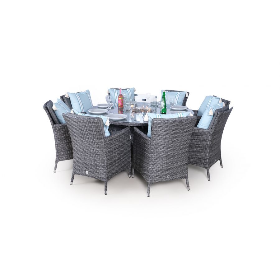 Savannah Fire Pit 8 Seater Round Rattan Dining Set - Grey | Oak ... throughout Cassie 8 Seater Wood And Wicker Dining Set, Gray Finish, Gray