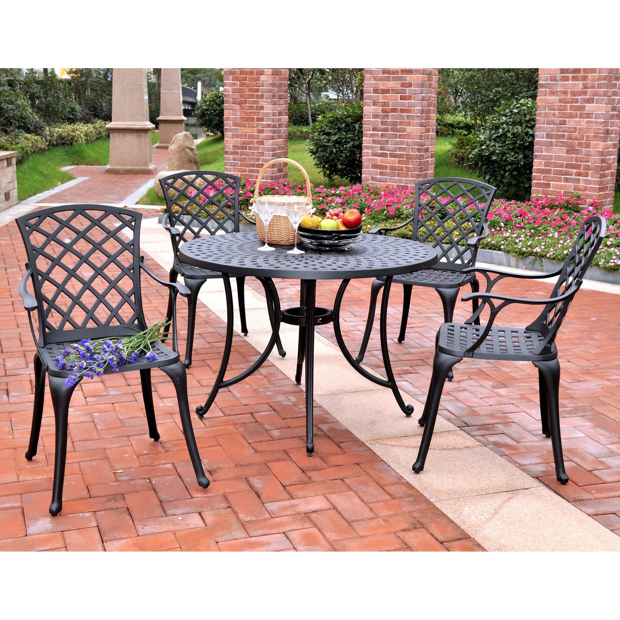 Sedona 46 Inch 5 Piece Cast Aluminum Round Outdoor Dining Set In Black ... in Sedona 46" 5-Piece Cast Aluminum Outdoor Dining Set