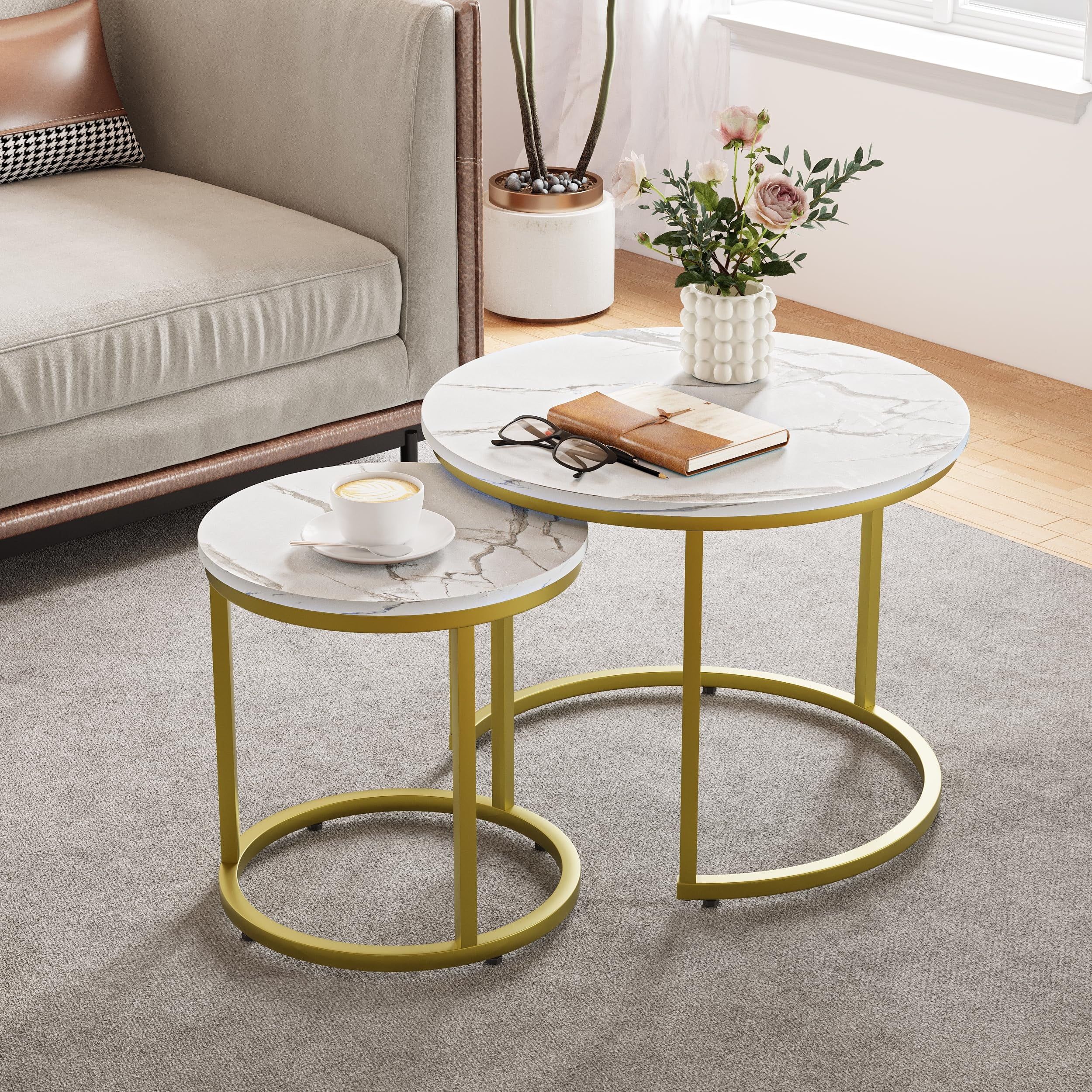Semiocthome Gold Round Metal Top Nesting Coffee Table Set Of 2, Modern ... pertaining to Elevate Your Living Room with Stylish Nesting Coffee Tables