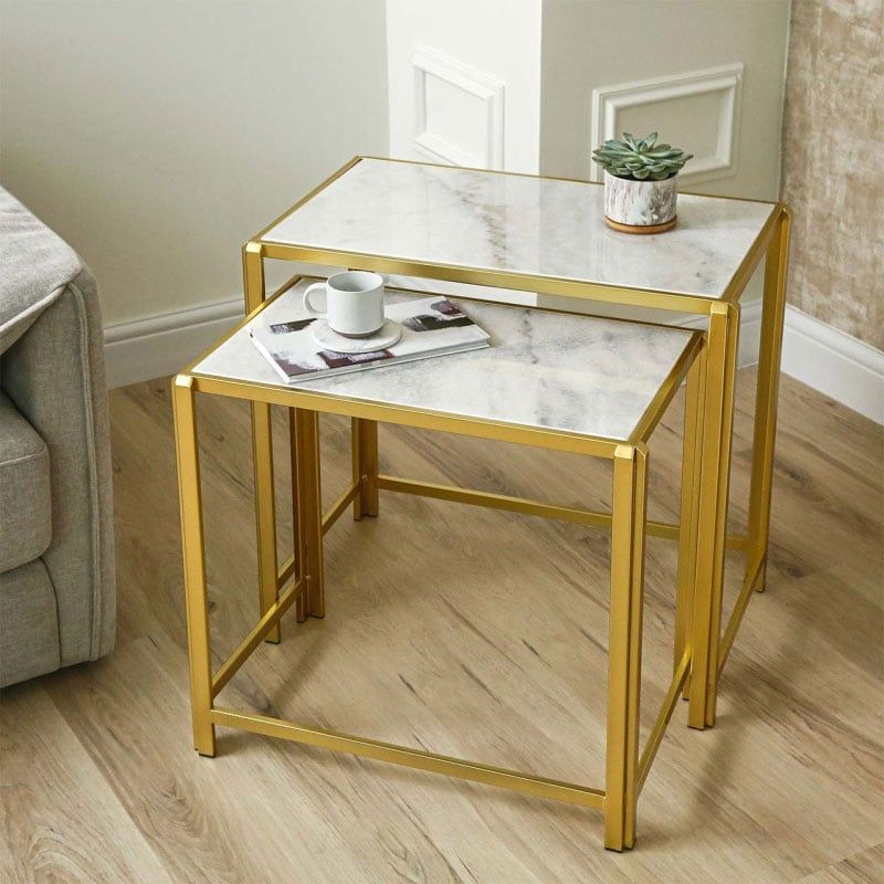 Set Of 2 Gold Metal Nesting Side Tables With White Marble Tops ... throughout Fort Worth 2-Piece Nesting Side Tables With Black Metal Legs, White Marble