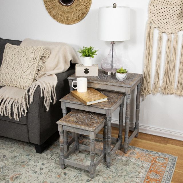 Set Of 3 Matte Gray Etched Stackable Nesting Side Tables 24" - French ... with regard to Maximizing functionality with stackable nesting tables in compact living areas