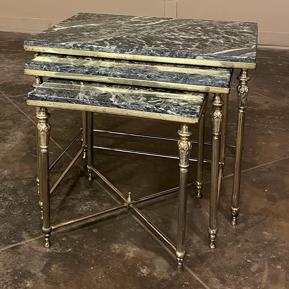 Set Of 3 Mid-Century Neoclassical Brass And Marble Nesting Tables For ... for Ellery Marble Nesting Tables